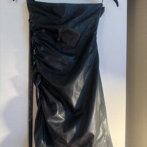 Zara Black Faux Leather Draped Strapless Mini Dress